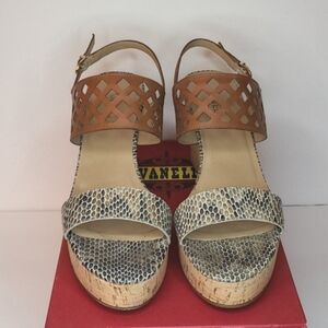 Vaneli Cognac Leather and Snakeskin Trim Wedge Heel Dress Sandals